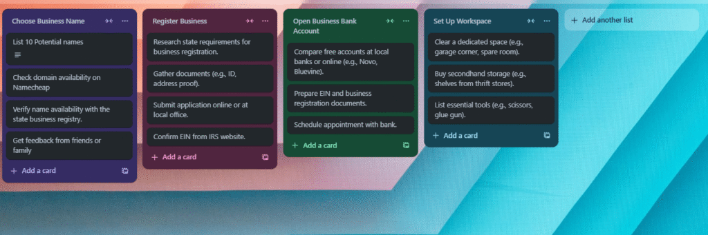 Trello board with tasks for a budget-friendly startup