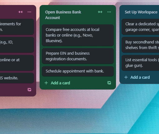 Trello board with tasks for a budget-friendly startup