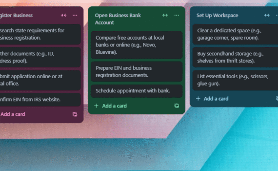 Trello board with tasks for a budget-friendly startup