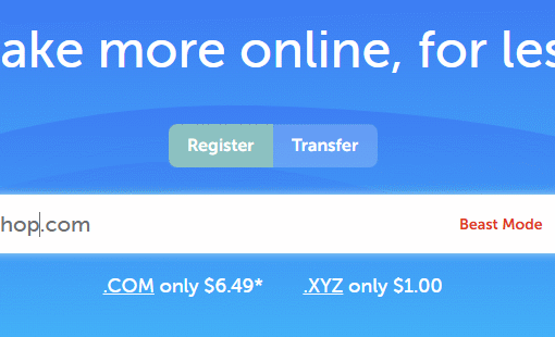 Namecheap domain search interface with a sample domain name.