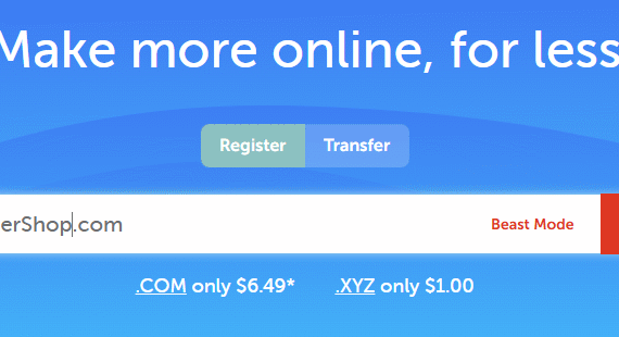 Namecheap domain search interface with a sample domain name.