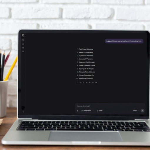 Grok AI interface showing business name ideas for startups.