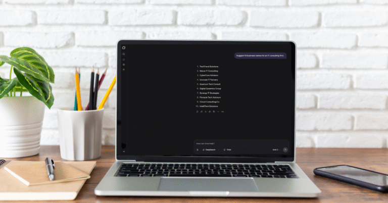 Grok AI interface showing business name ideas for startups.